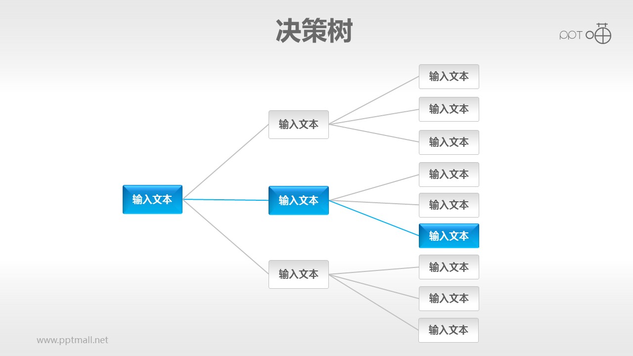 蓝色清新三阶乘决策树（1：3：9）PPT模板下载