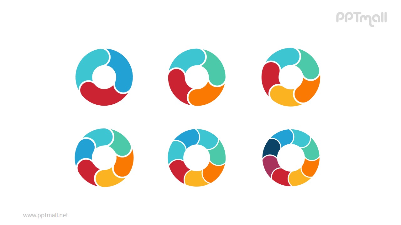 6组彩色拼图空心圆循环关系逻辑图PPT模板